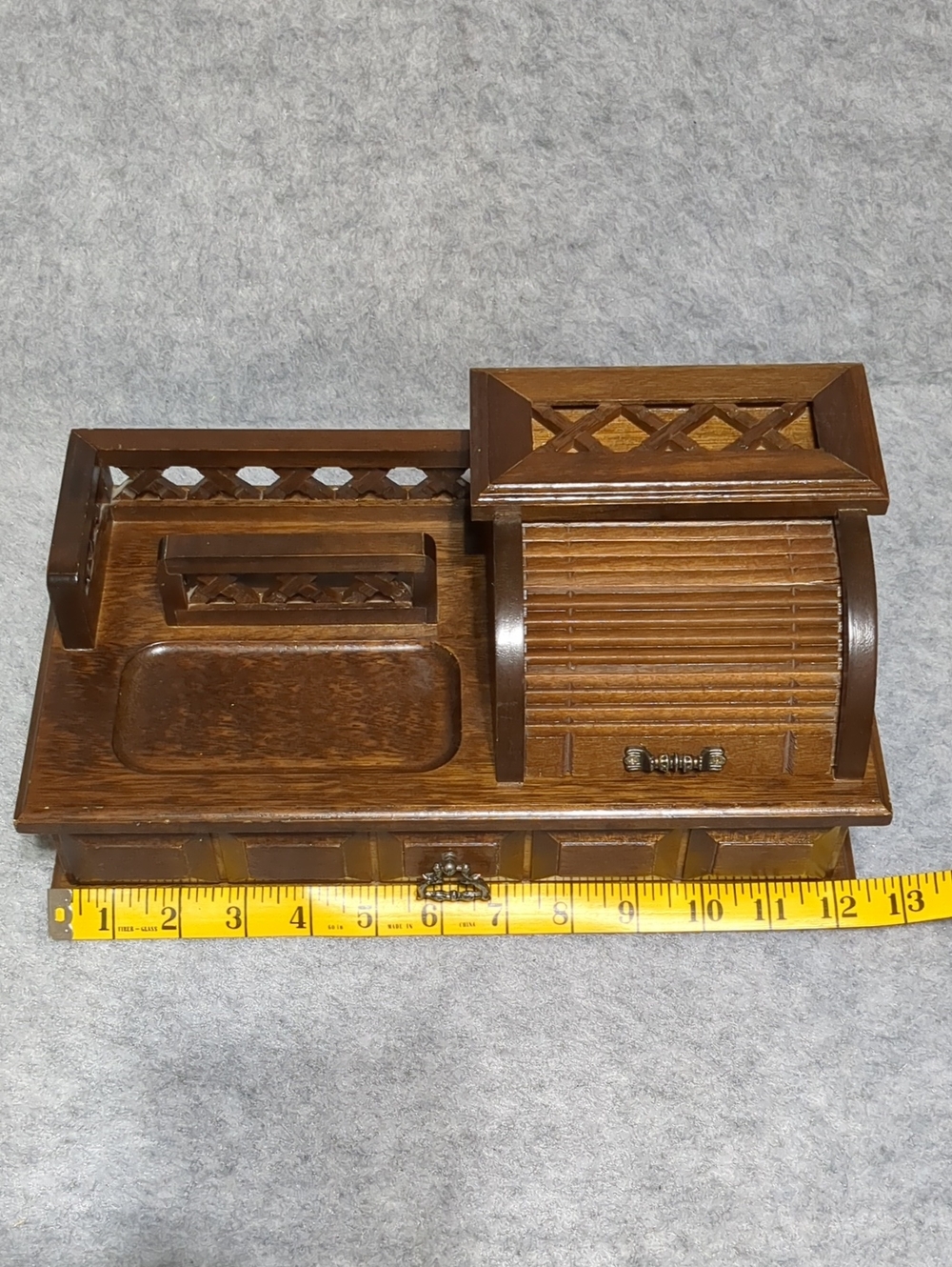 Vintage Wooden Jewelry Box Desk Organizer Roll-Top Velvet Storage Drawer - Picture 10 of 14
